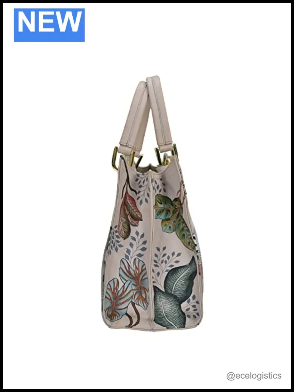 Hand-Painted Genuine Leather Satchel with Floral Pattern, Adjustable Strap